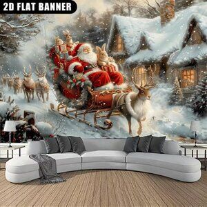 37 x 28 Holiday Wall Banner Festive Christmas Santa & Sleigh w Bunnies